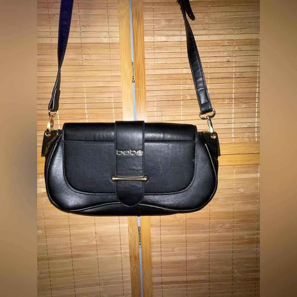 Bebe Saint Lamby crossbody bag black faux leather gold-tone hardware purse Y2K